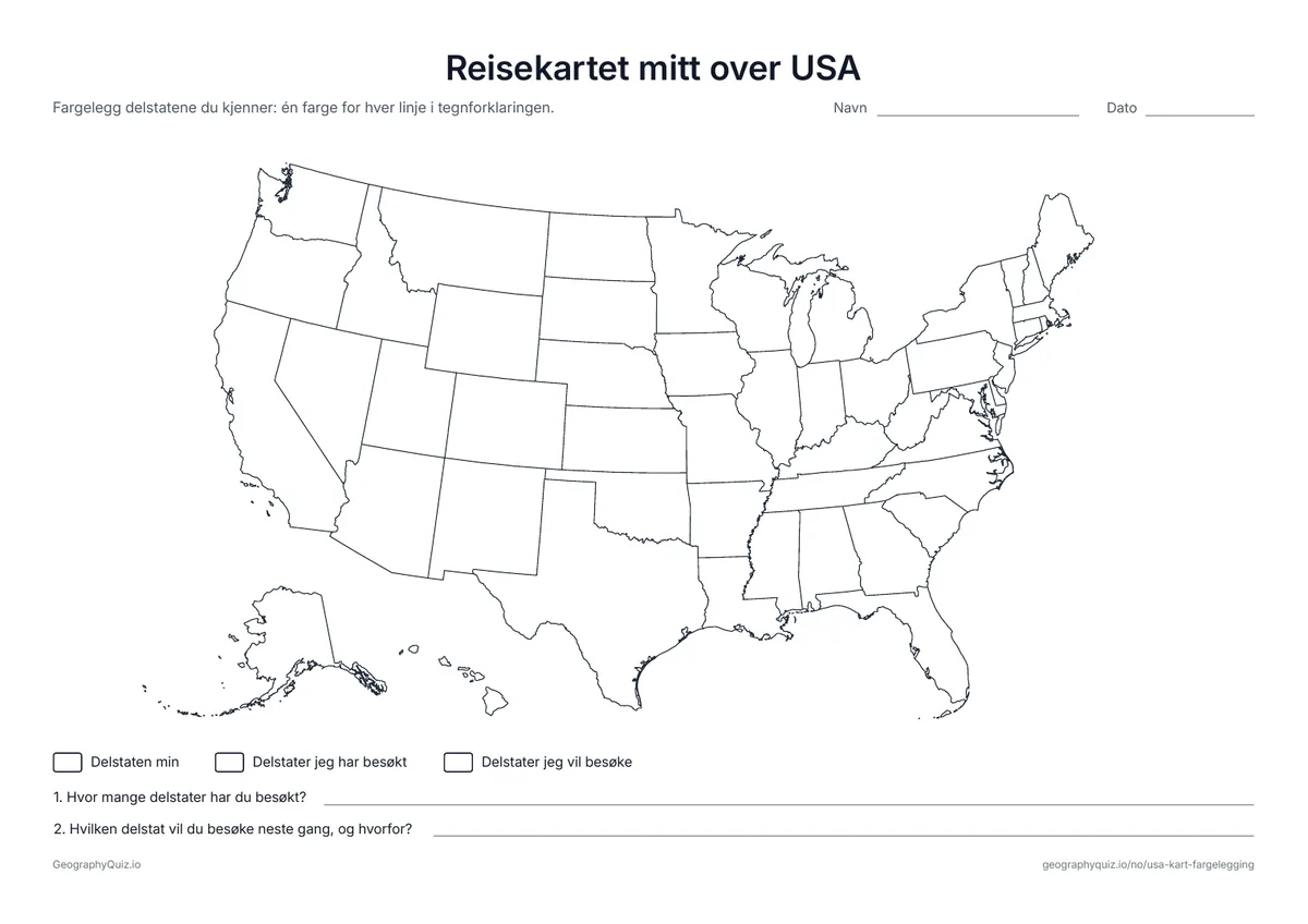 Forhåndsvisning av arbeidsarket «Reisekartet mitt over USA» til utskrift: Fargelegg delstaten din, delstatene du har besøkt, og dem du vil besøke, og svar på to spørsmål