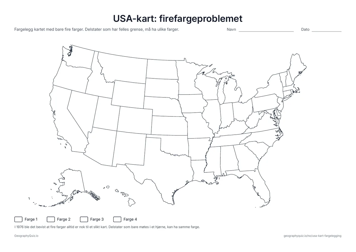 Forhåndsvisning av arbeidsarket «USA-kart: firefargeproblemet» til utskrift: Fargelegg alle de 50 delstatene med bare fire farger uten at to naboer får samme farge – vanskeligere enn det ser ut rundt Kentucky og Tennessee