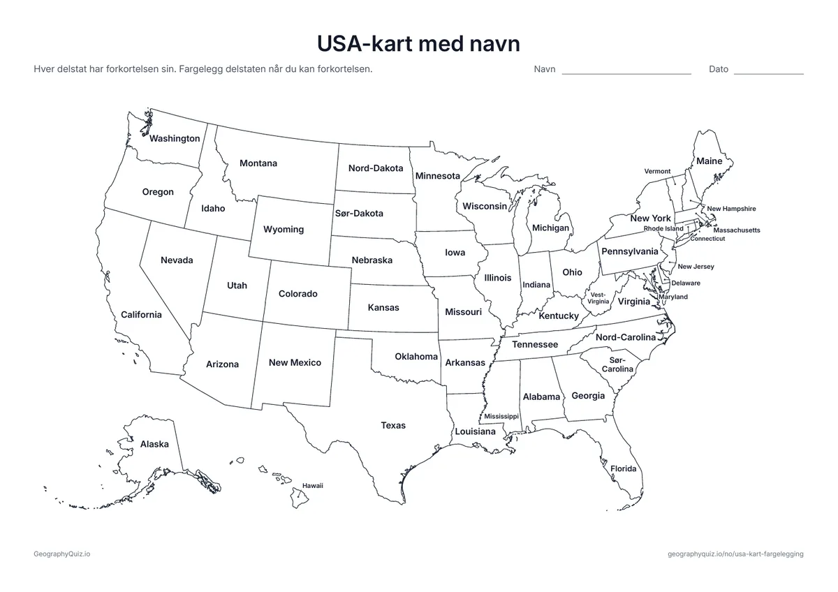Forhåndsvisning av arbeidsarket «USA-kart med navn» til utskrift: Hver delstat har navnet sitt skrevet ut; de små delstatene i nordøst står i kanten
