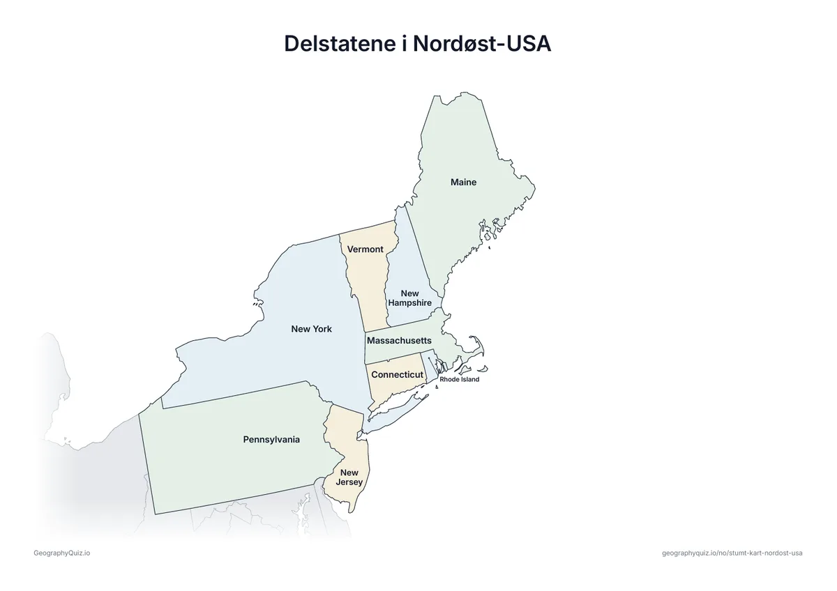Forhåndsvisning av arbeidsarket «Delstatene i Nordøst-USA» til utskrift: Det samme kartet med navnene på alle 9 delstater – til undervisning, repetisjon eller til å rette elevenes arbeid