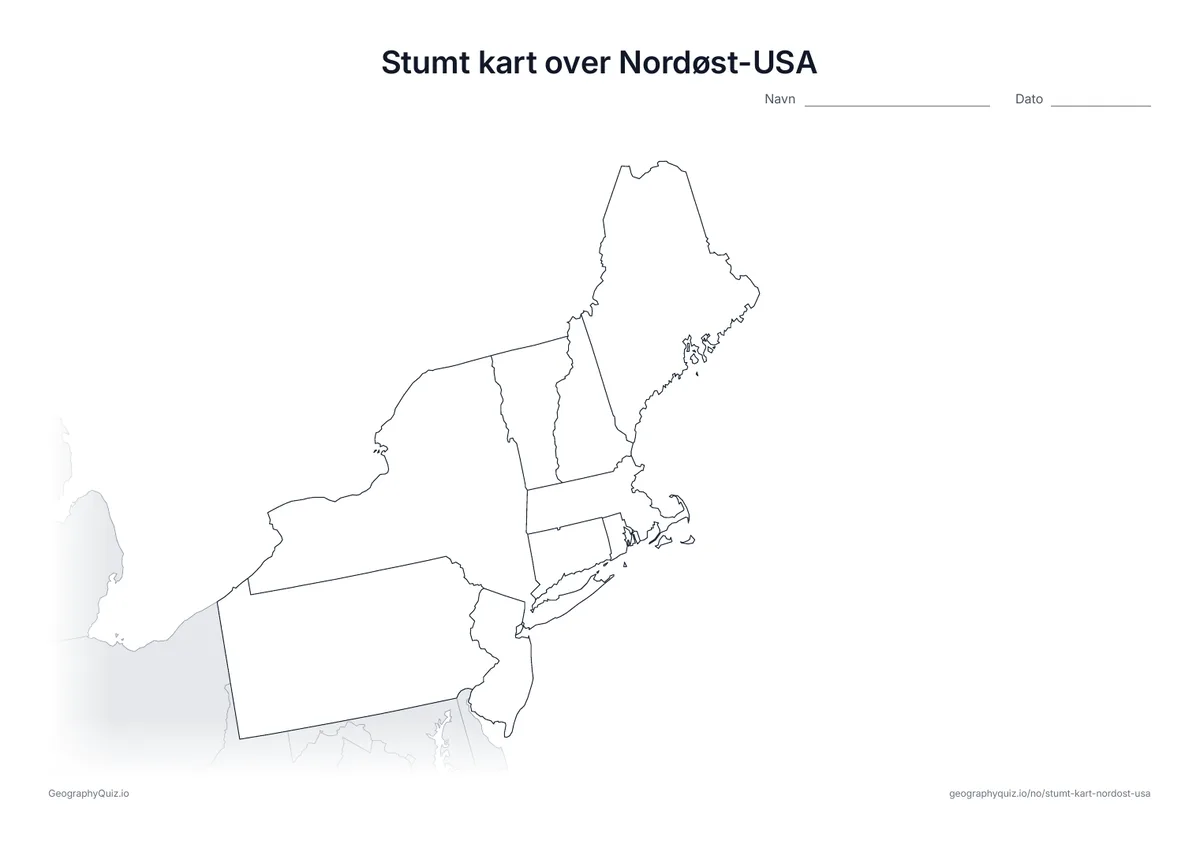 Forhåndsvisning av arbeidsarket: stumt kart – Nordøst-USA