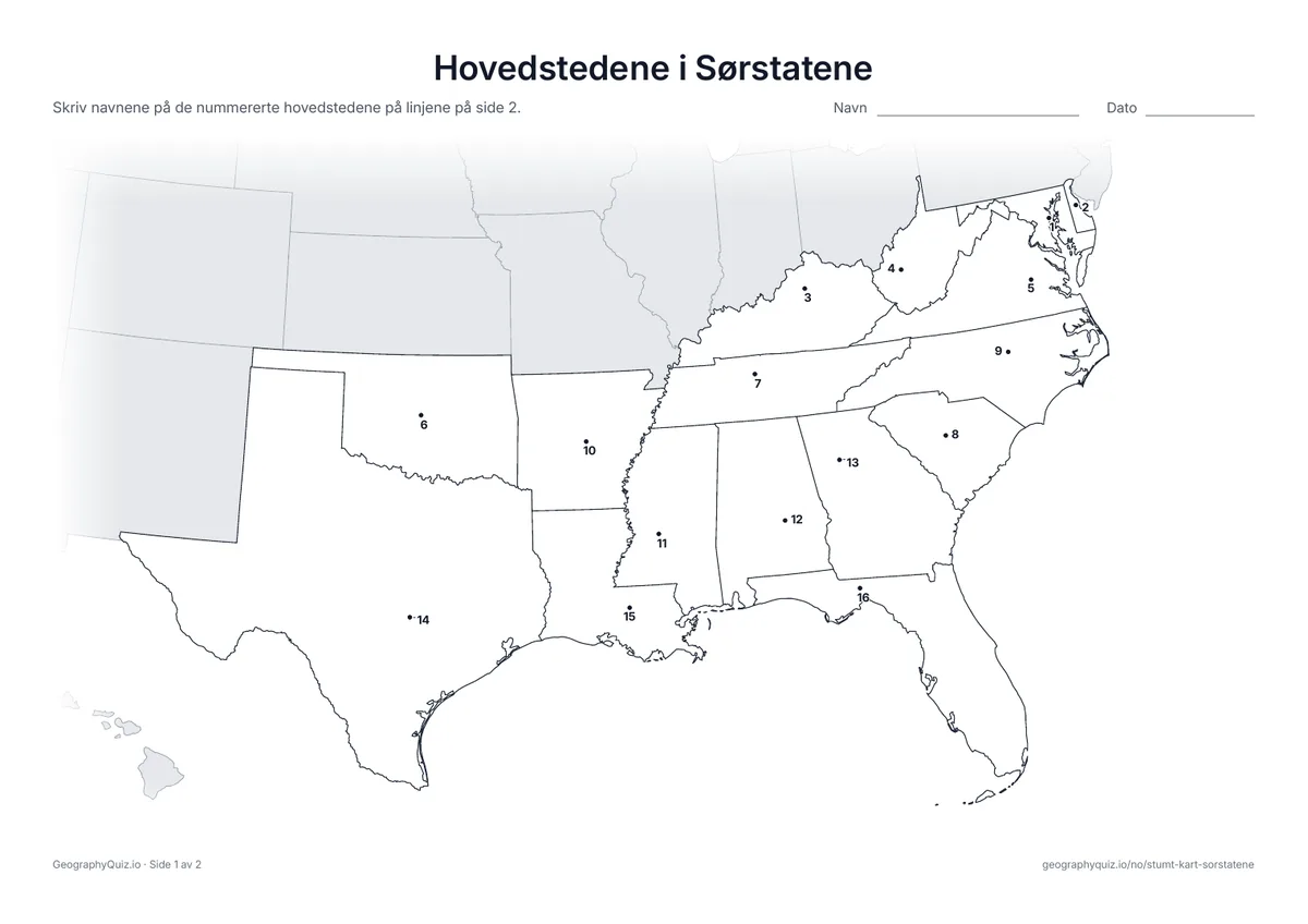 Forhåndsvisning av arbeidsarket «Hovedstedene i Sørstatene» til utskrift: Hver hovedstad er markert med et nummerert punkt