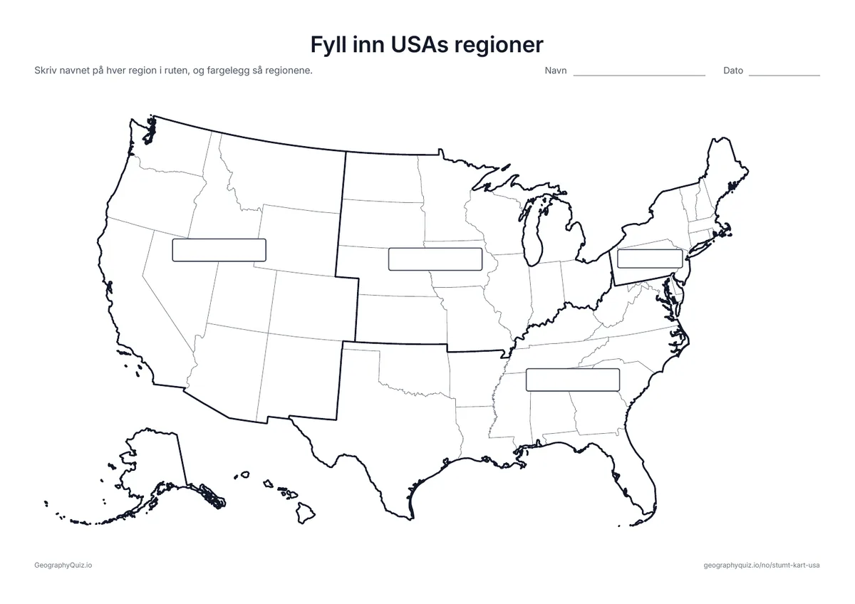 Forhåndsvisning av arbeidsarket «Fyll inn USAs regioner» til utskrift: Tykke linjer viser de fire regionene, hver med en tom rute