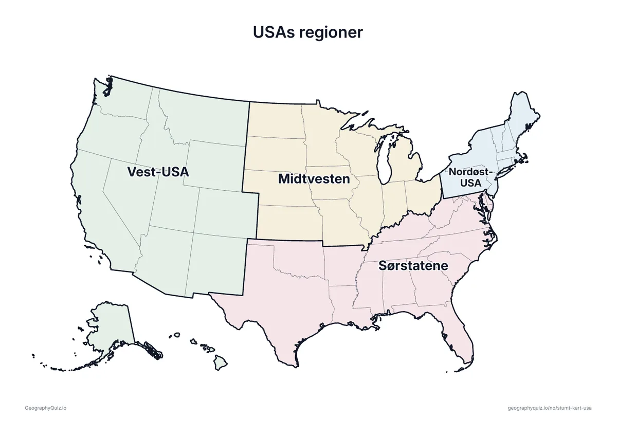 Forhåndsvisning av arbeidsarket «USAs regioner» til utskrift: De fire regionene til US Census Bureau – Nordøst-USA, Midtvesten, Sørstatene og Vest-USA – i lyse farger og med navn