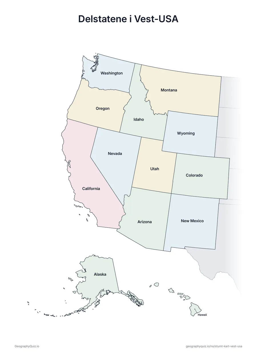 Forhåndsvisning av arbeidsarket «Delstatene i Vest-USA» til utskrift: Det samme kartet med navnene på alle 13 delstater – til undervisning, repetisjon eller til å rette elevenes arbeid