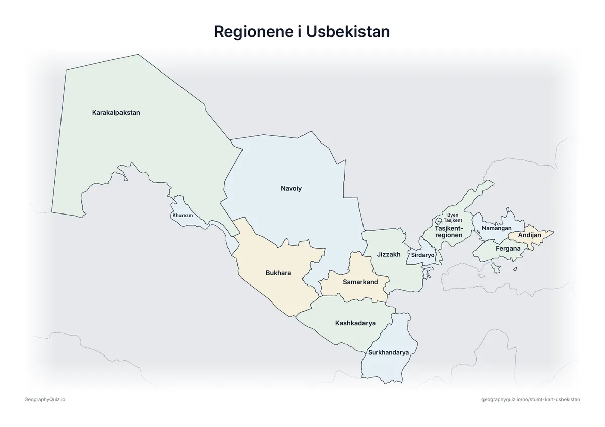 Forhåndsvisning av arbeidsarket «Regionene i Usbekistan» til utskrift: Et kart over Usbekistan med alle navnene skrevet ut – et oversiktsark til undervisningen og til å rette svarene