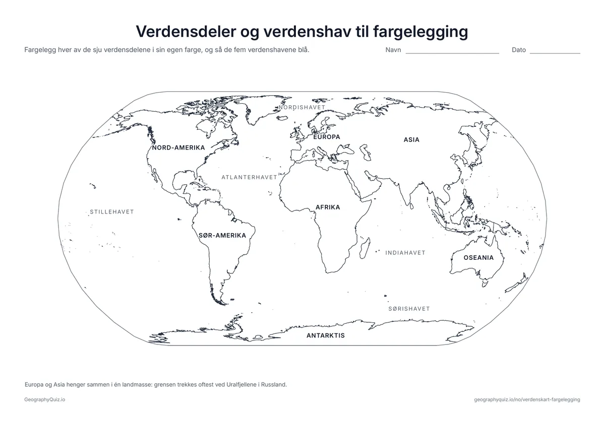 Forhåndsvisning av arbeidsarket «Verdensdeler og verdenshav til fargelegging» til utskrift: De sju verdensdelene og de fem verdenshavene har navnene sine på kartet