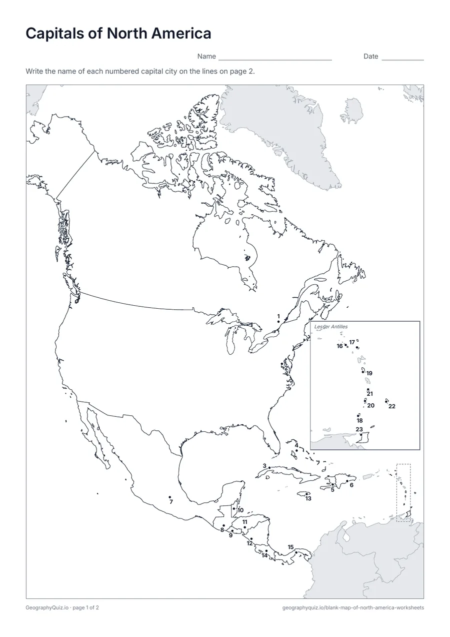 Preview of the printable capitals of north america worksheet