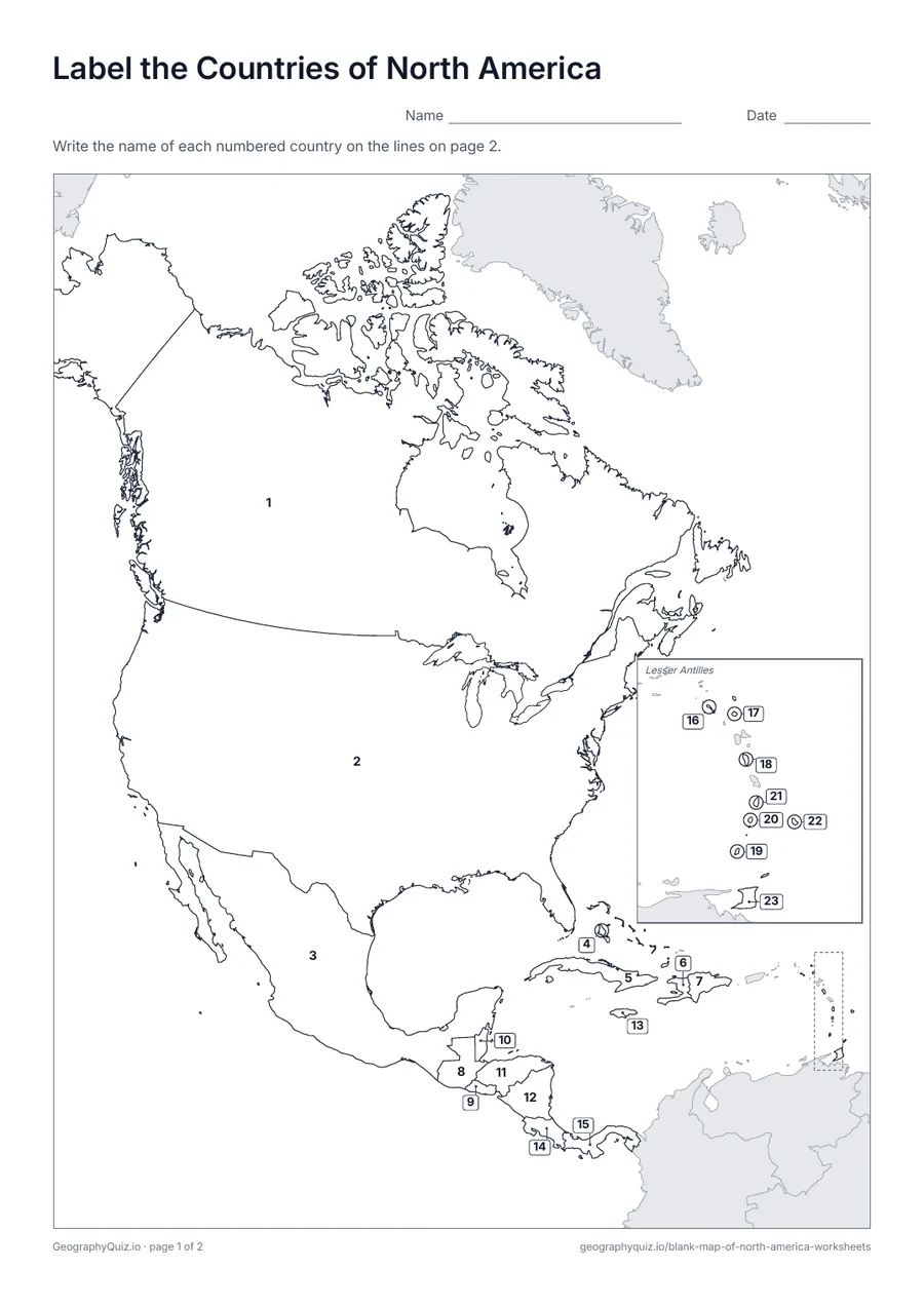 Preview of the printable label the countries of north america worksheet