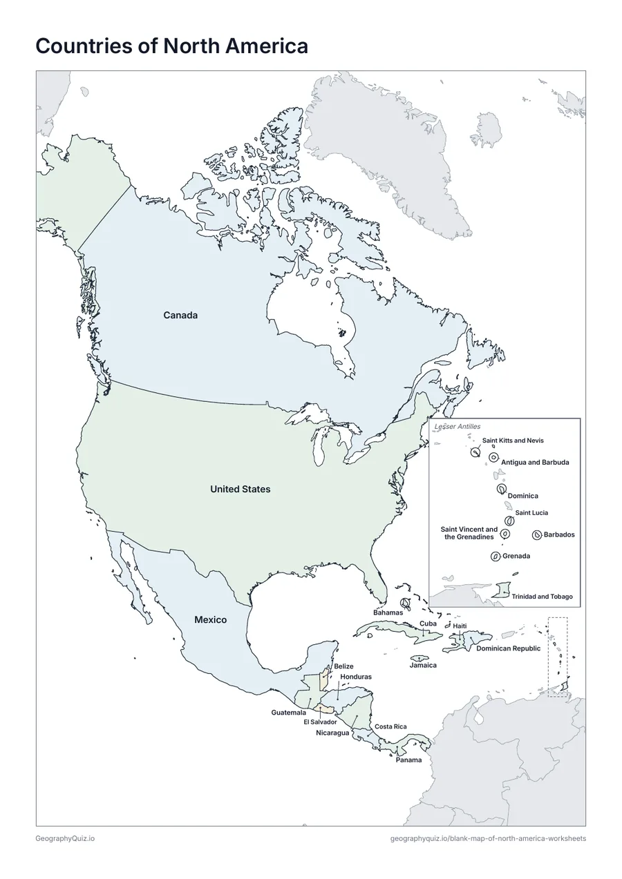 Preview of the printable countries of north america worksheet