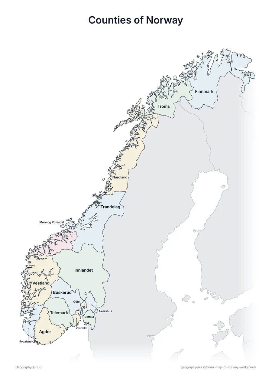 Preview of the printable counties of norway worksheet