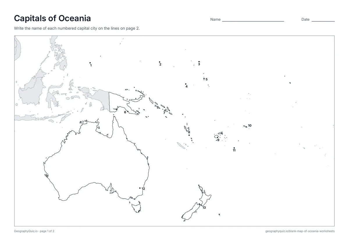 Preview of the printable capitals of oceania worksheet