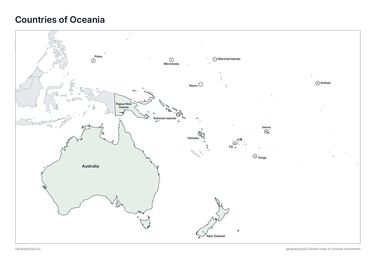 Preview of the printable countries of oceania worksheet