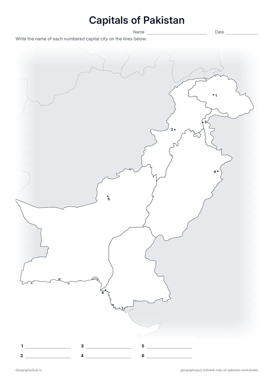 Preview of the printable capitals of pakistan worksheet