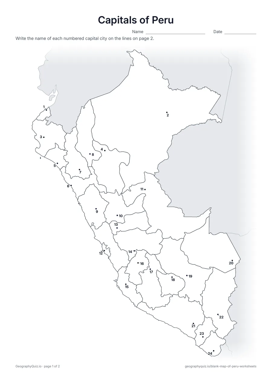 Preview of the printable capitals of peru worksheet