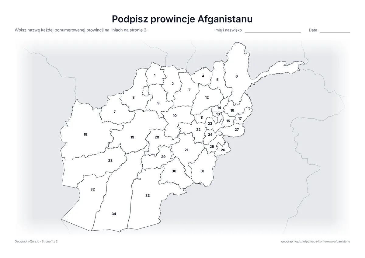 Podgląd karty pracy do druku „Podpisz prowincje Afganistanu”: Mapa z numerami wszystkich 34 prowincji