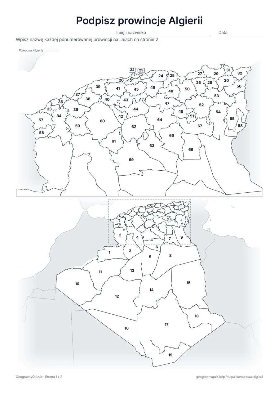 Podgląd karty pracy do druku „Podpisz prowincje Algierii”: Mapa z numerami wszystkich 69 prowincji