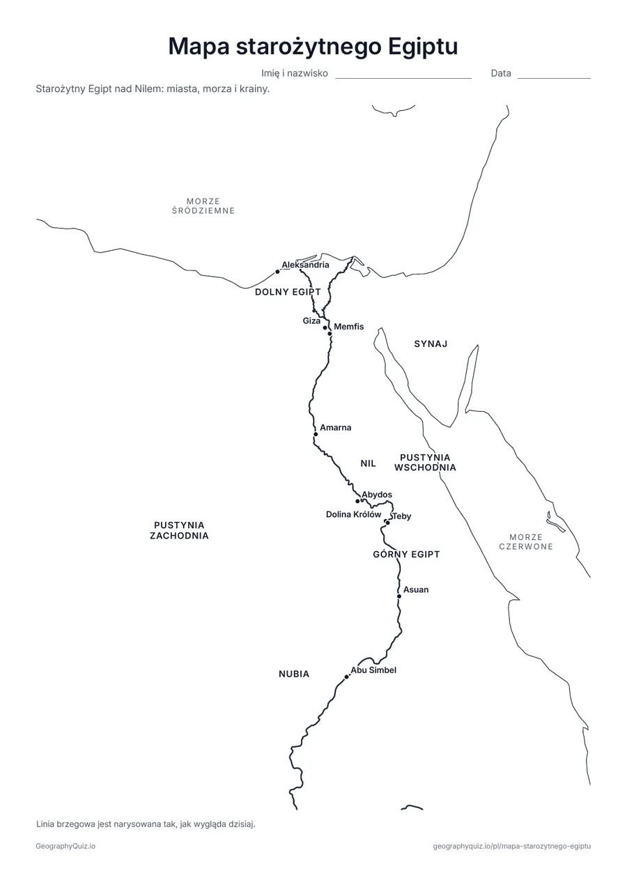 Podgląd karty pracy do druku „Mapa starożytnego Egiptu”: Aleksandria, Giza, Memfis, Teby, Dolina Królów, Abu Simbel i inne miejsca, z morzami, Nilem oraz Górnym i Dolnym Egiptem