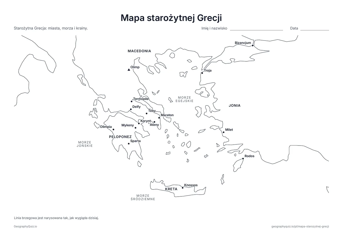 Podgląd karty pracy do druku „Mapa starożytnej Grecji”: Ateny, Sparta, Maraton, Delfy, Olimpia, Knossos, Troja i inne miejsca, z Olimpem, morzami i krainami