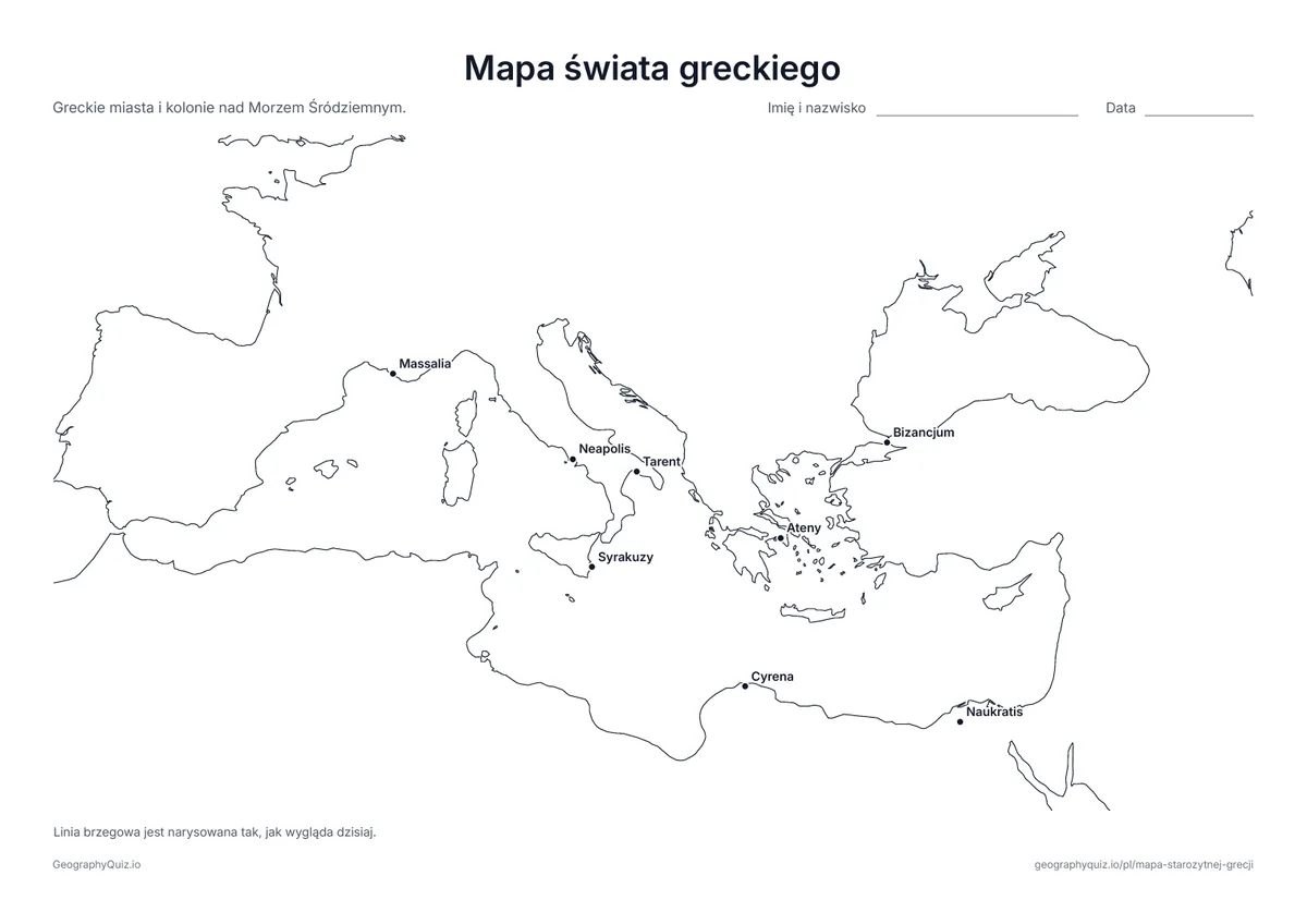 Podgląd karty pracy do druku „Mapa świata greckiego”: Greckie miasta i kolonie nad Morzem Śródziemnym, od Massalii na zachodzie po Bizancjum na wschodzie