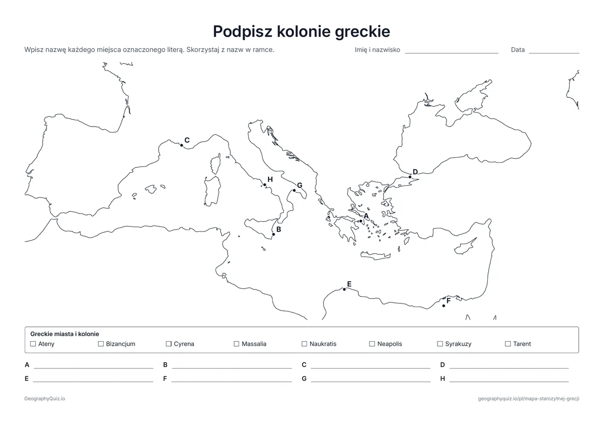 Podgląd karty pracy do druku „Podpisz kolonie greckie”: Osiem miast oznaczonych literami nad Morzem Śródziemnym