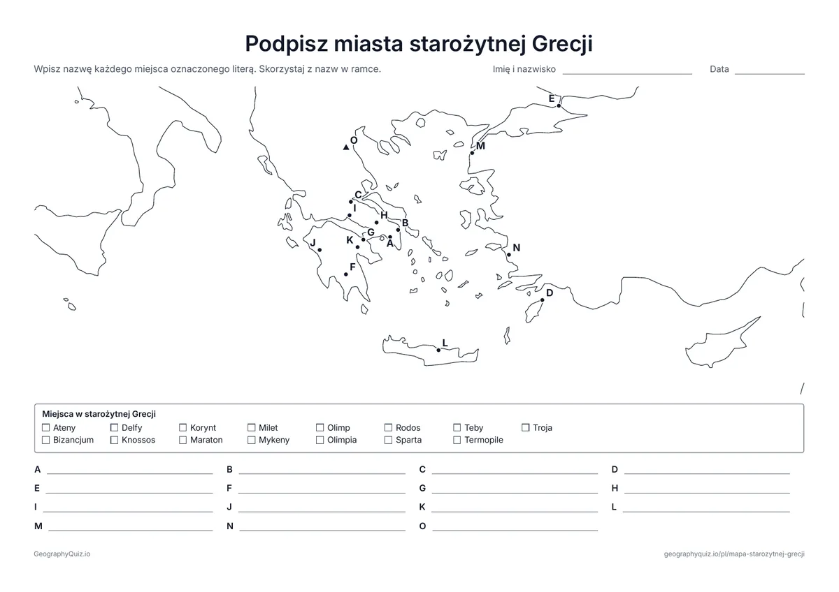 Podgląd karty pracy do druku „Podpisz miasta starożytnej Grecji”: Piętnaście miejsc oznaczonych literami, od Aten i Sparty po Maraton, Troję i Olimp