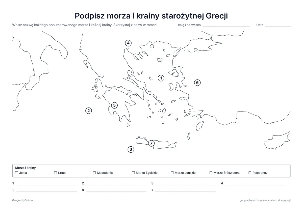 Podgląd karty pracy do druku „Podpisz morza i krainy starożytnej Grecji”: Do podpisania są Morze Egejskie, Morze Jońskie i Morze Śródziemne oraz Macedonia, Peloponez, Jonia i Kreta
