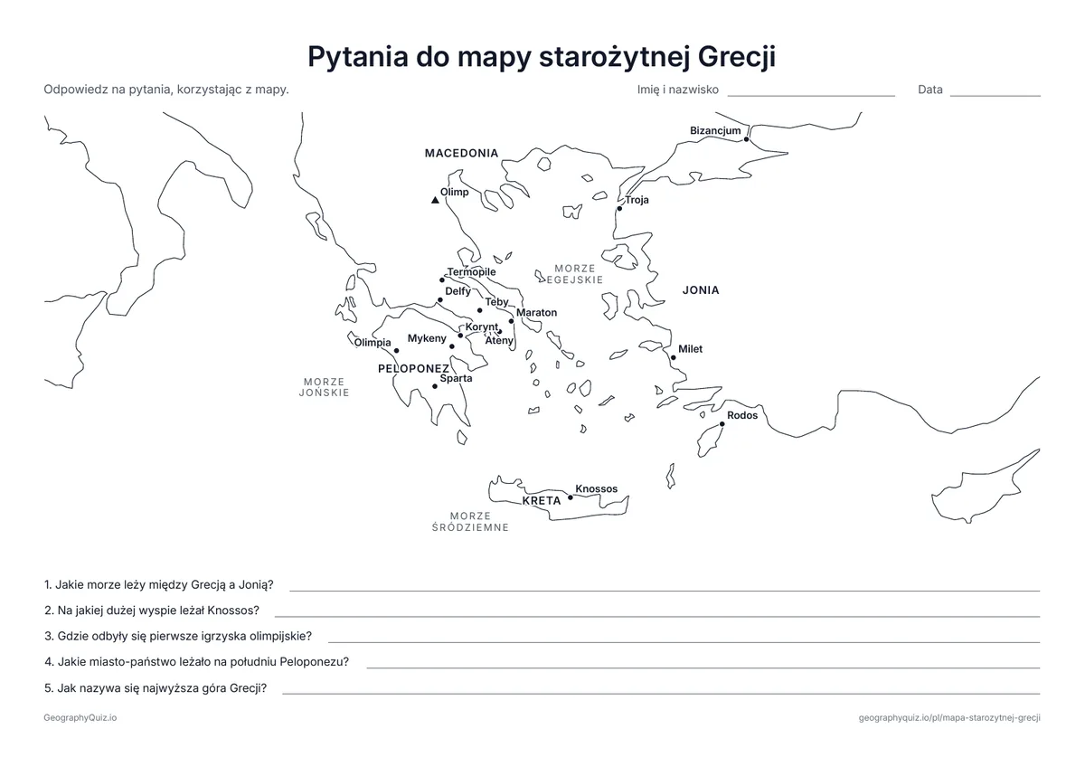 Podgląd karty pracy do druku „Pytania do mapy starożytnej Grecji”: Mapa z nazwami i pięć pytań o igrzyska olimpijskie, Spartę, Knossos, Olimp i Morze Egejskie