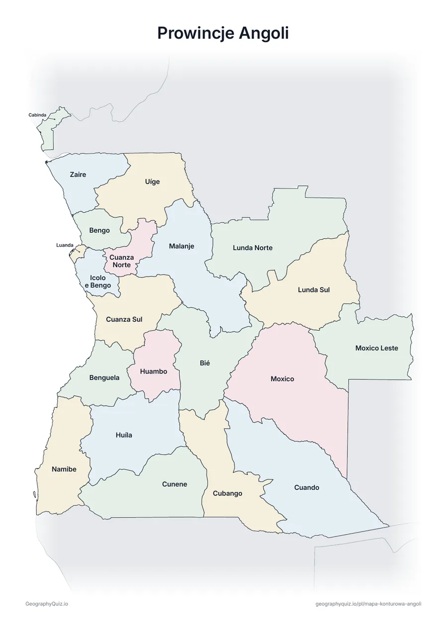 Podgląd karty pracy do druku „Prowincje Angoli”: Mapa Angoli ze wszystkimi nazwami – karta poglądowa na lekcję i do sprawdzania odpowiedzi