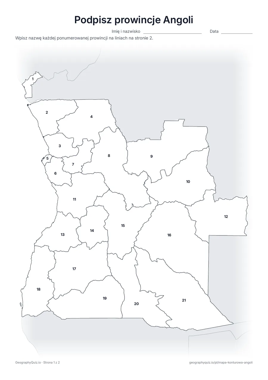 Podgląd karty pracy do druku „Podpisz prowincje Angoli”: Mapa z numerami wszystkich 21 prowincji