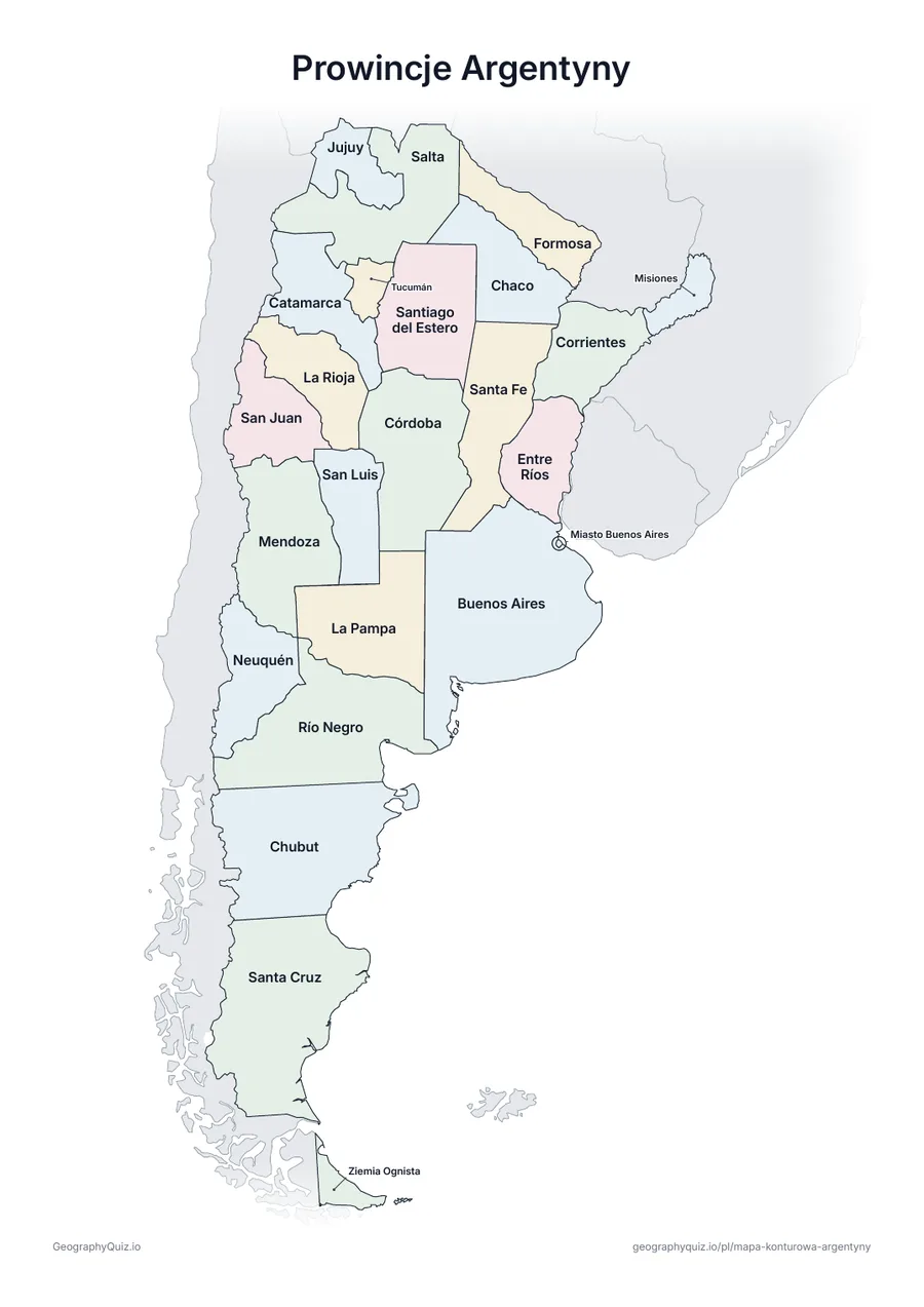 Podgląd karty pracy do druku „Prowincje Argentyny”: Mapa Argentyny ze wszystkimi nazwami – karta poglądowa na lekcję i do sprawdzania odpowiedzi
