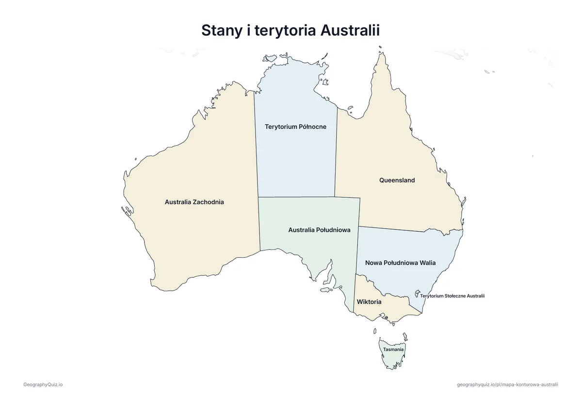 Podgląd karty pracy do druku „Stany i terytoria Australii”: Mapa Australii ze wszystkimi nazwami – karta poglądowa na lekcję i do sprawdzania odpowiedzi