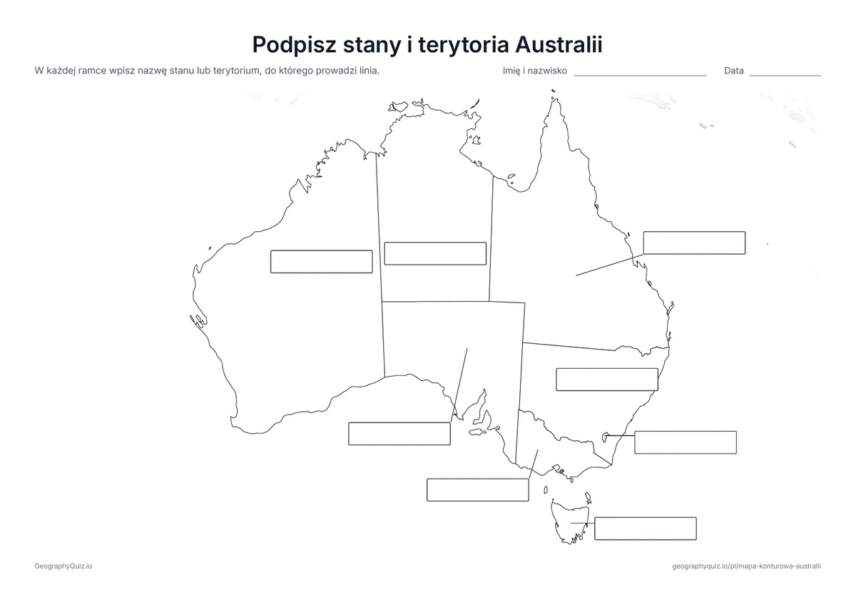 Podgląd karty pracy do druku „Podpisz stany i terytoria Australii”: Od wszystkich 6 stanów i 2 terytoriów prowadzą linie do pustych ramek na odpowiedzi, jak na karcie „Podpisz kontynenty” wśród map świata