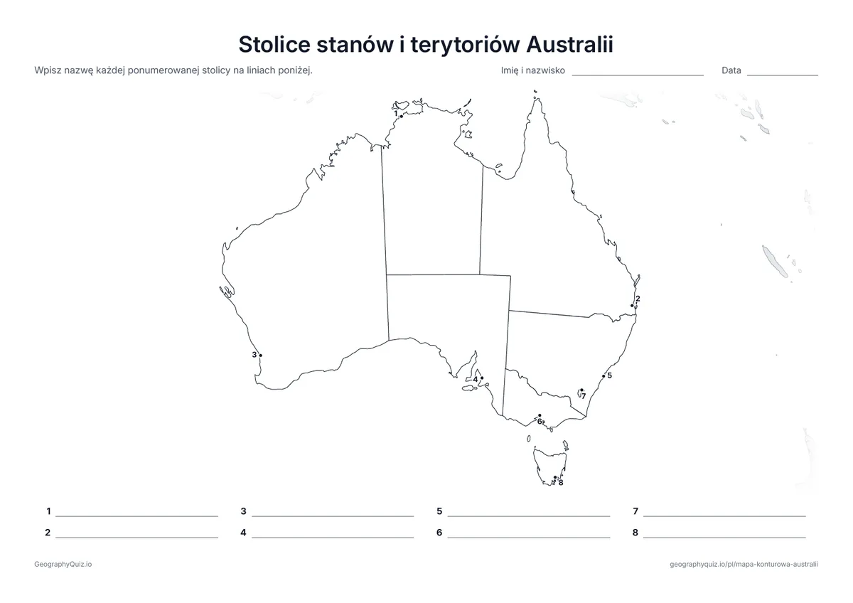 Podgląd karty pracy do druku „Stolice stanów i terytoriów Australii”: Każda stolica jest oznaczona ponumerowaną kropką