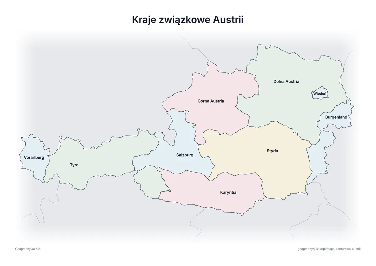 Podgląd karty pracy do druku „Kraje związkowe Austrii”: Mapa Austrii ze wszystkimi nazwami – karta poglądowa na lekcję i do sprawdzania odpowiedzi