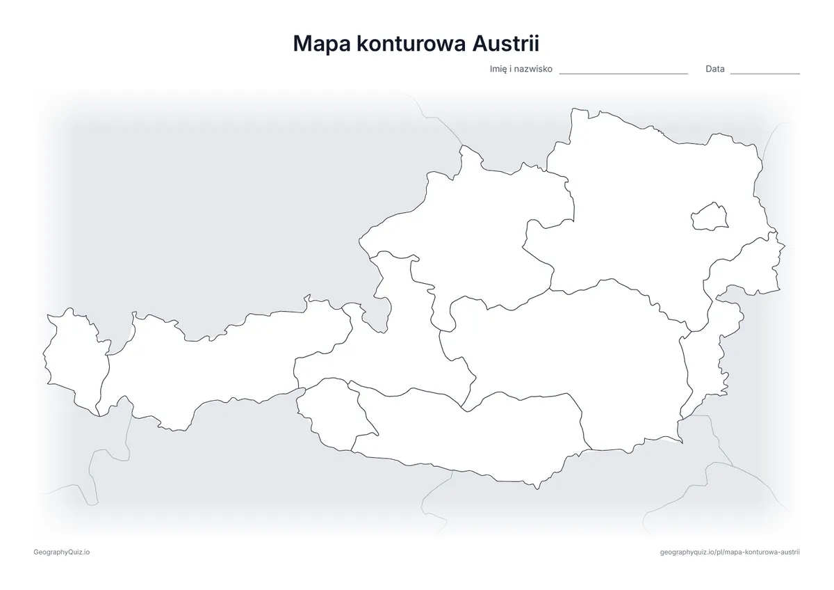 Podgląd karty pracy do druku „Mapa konturowa Austrii”: Mapa konturowa Austrii z granicami wszystkich 9 krajów związkowych; państwa sąsiednie są zacieniowane na szaro