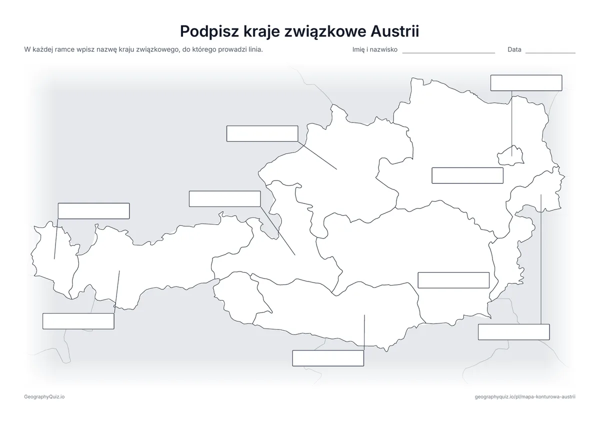 Podgląd karty pracy do druku „Podpisz kraje związkowe Austrii”: Od wszystkich 9 krajów związkowych prowadzą linie do pustych ramek na odpowiedzi, jak na karcie „Podpisz kontynenty” wśród map świata