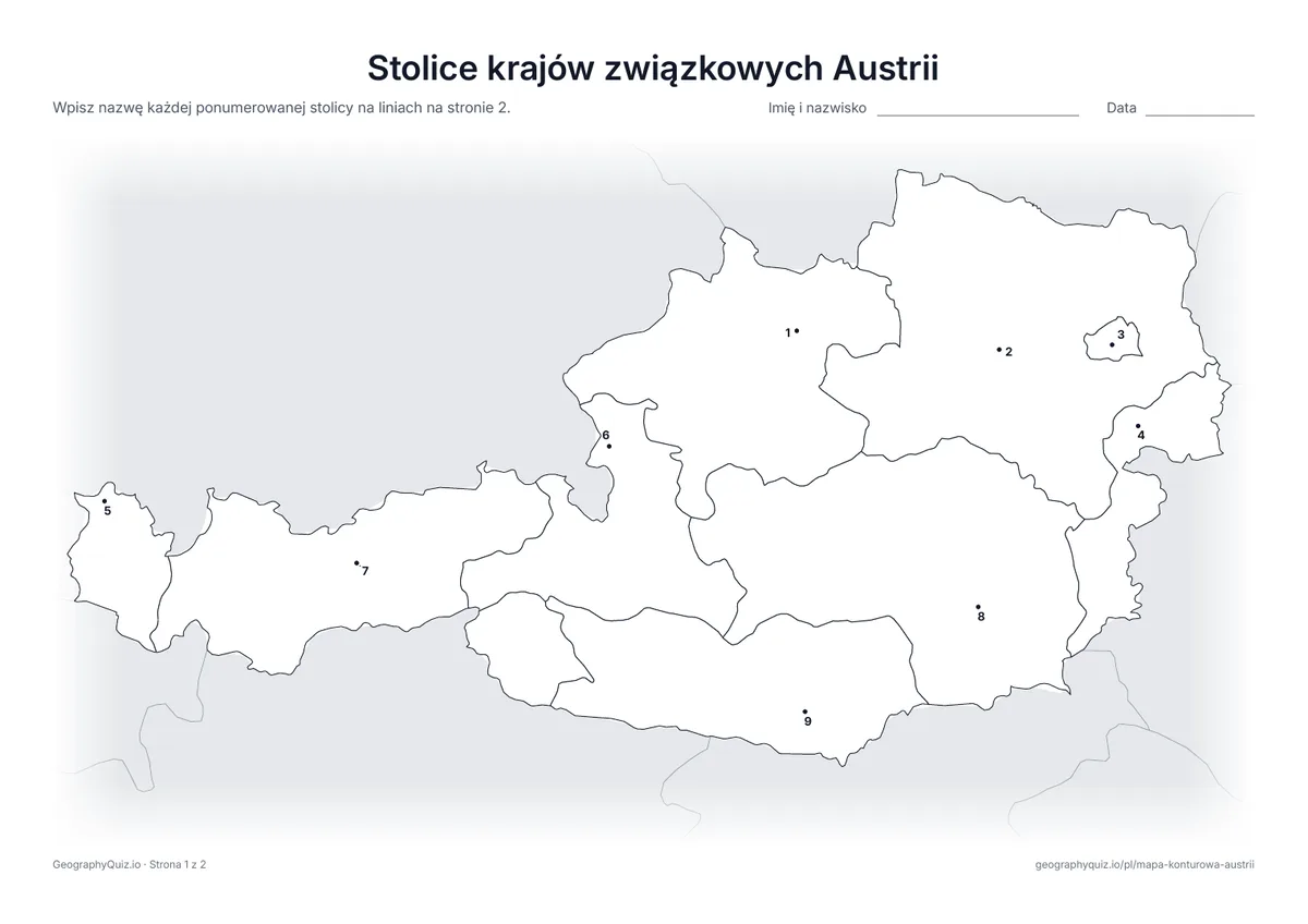 Podgląd karty pracy do druku „Stolice krajów związkowych Austrii”: Stolica każdego kraju związkowego jest oznaczona ponumerowaną kropką