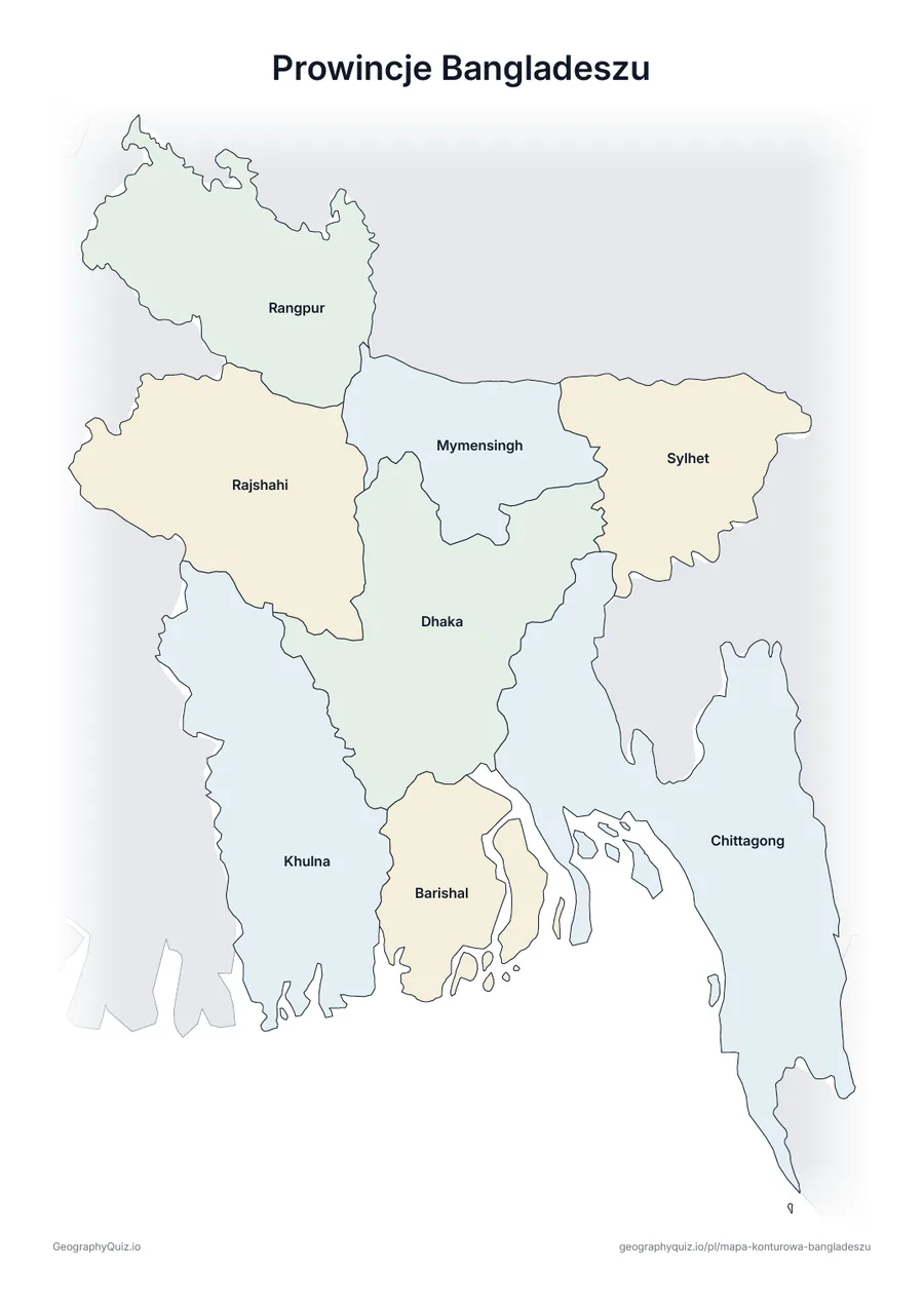 Podgląd karty pracy do druku „Prowincje Bangladeszu”: Mapa Bangladeszu ze wszystkimi nazwami – karta poglądowa na lekcję i do sprawdzania odpowiedzi
