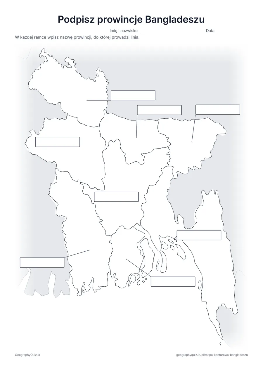 Podgląd karty pracy do druku „Podpisz prowincje Bangladeszu”: Od wszystkich 8 prowincji prowadzą linie do pustych ramek na odpowiedzi, jak na karcie „Podpisz kontynenty” wśród map świata