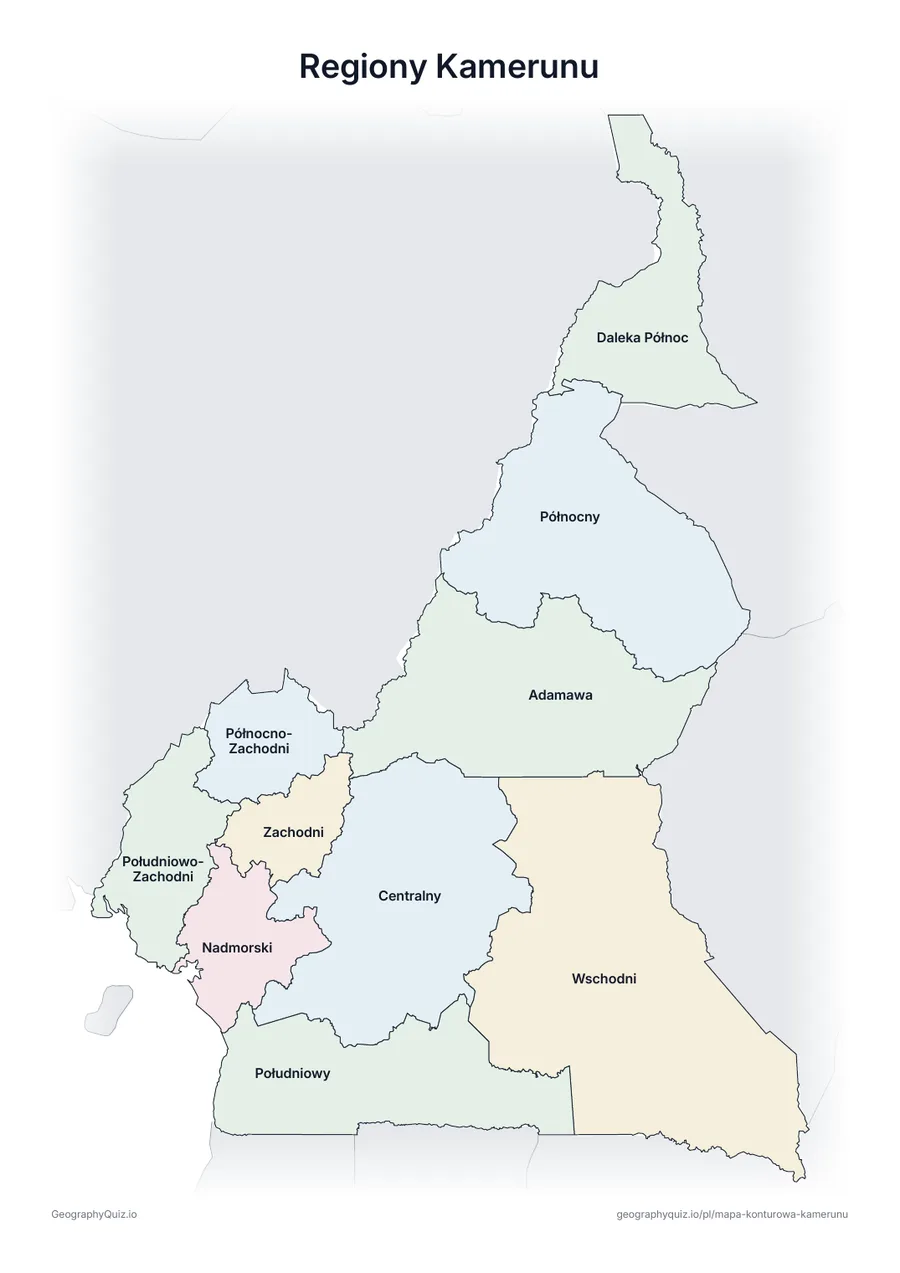 Podgląd karty pracy do druku „Regiony Kamerunu”: Mapa Kamerunu ze wszystkimi nazwami – karta poglądowa na lekcję i do sprawdzania odpowiedzi
