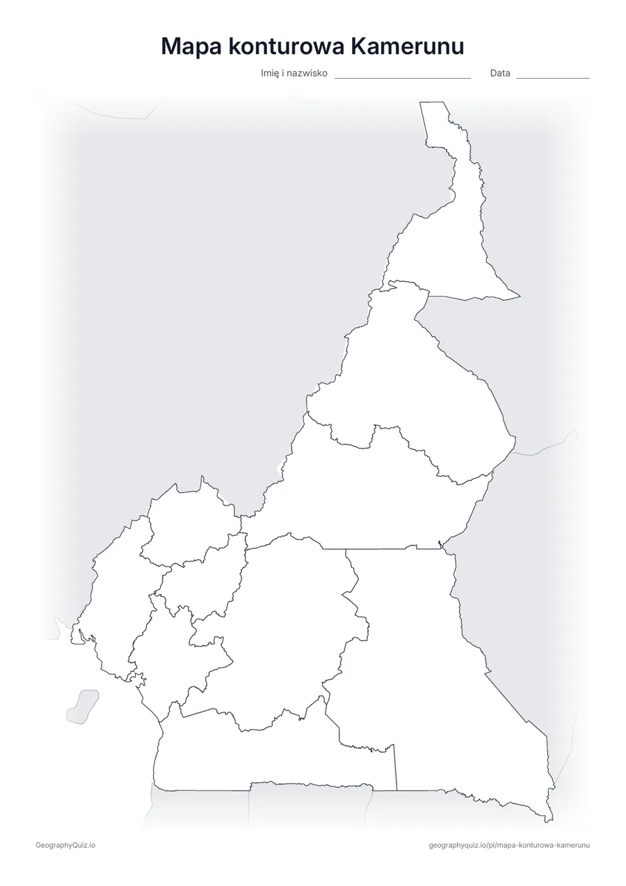 Podgląd karty pracy do druku „Mapa konturowa Kamerunu”: Mapa konturowa Kamerunu z granicami wszystkich 10 regionów; państwa sąsiednie są zacieniowane na szaro