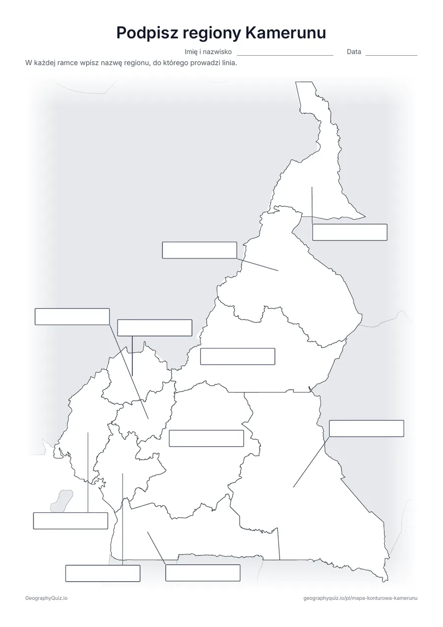 Podgląd karty pracy do druku „Podpisz regiony Kamerunu”: Od wszystkich 10 regionów prowadzą linie do pustych ramek na odpowiedzi, jak na karcie „Podpisz kontynenty” wśród map świata