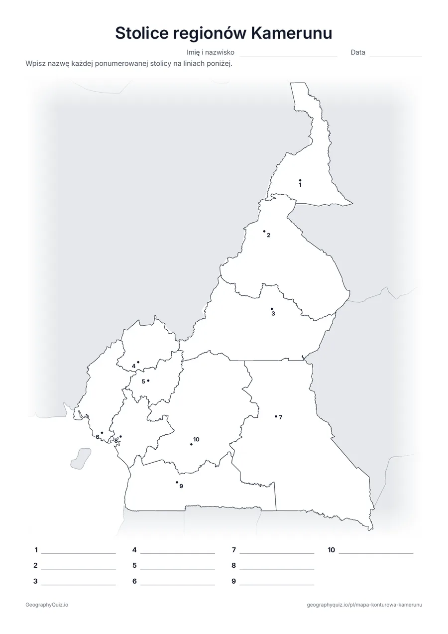 Podgląd karty pracy do druku „Stolice regionów Kamerunu”: Każda stolica jest oznaczona ponumerowaną kropką
