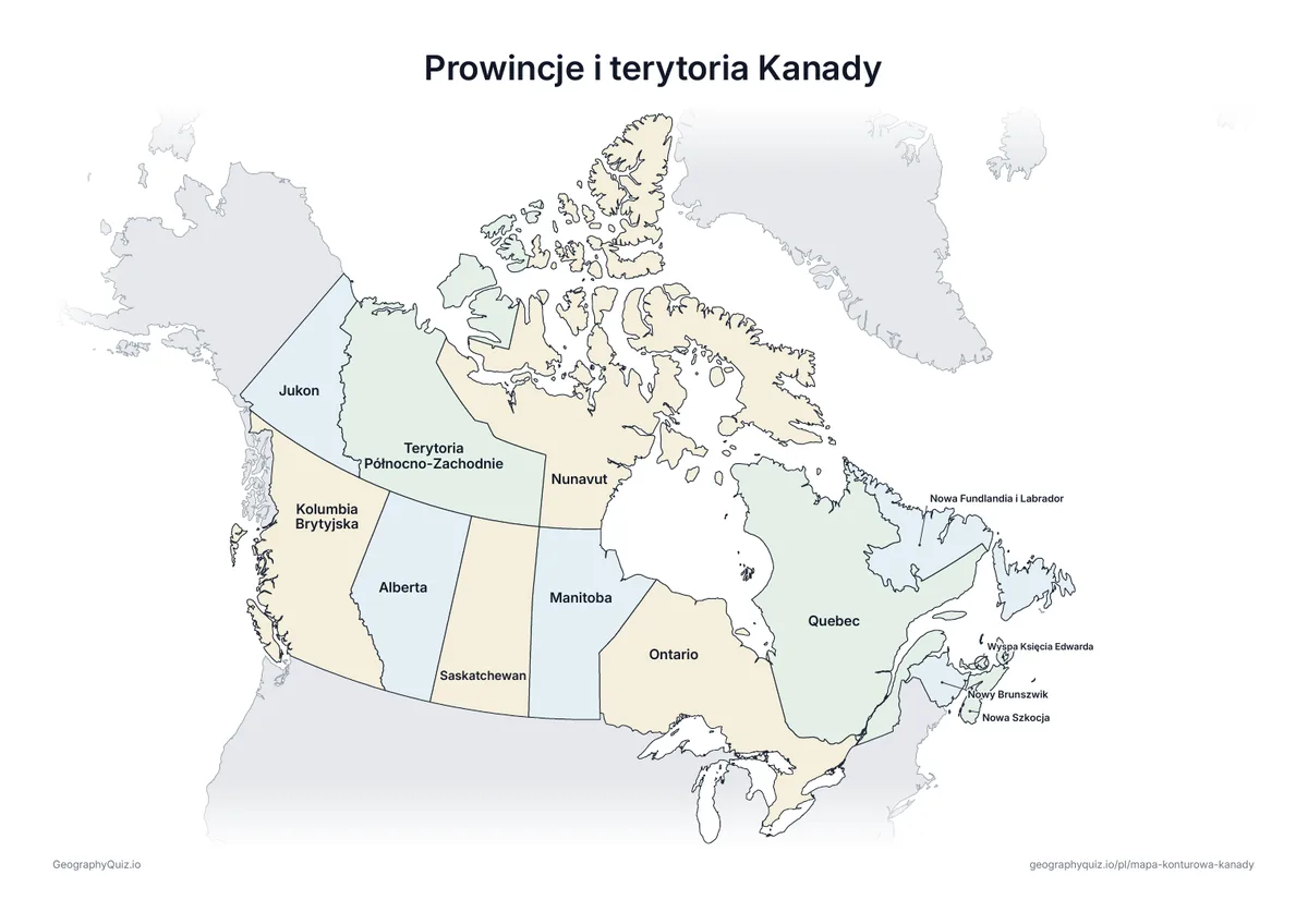 Podgląd karty pracy do druku „Prowincje i terytoria Kanady”: Mapa Kanady ze wszystkimi nazwami – karta poglądowa na lekcję i do sprawdzania odpowiedzi