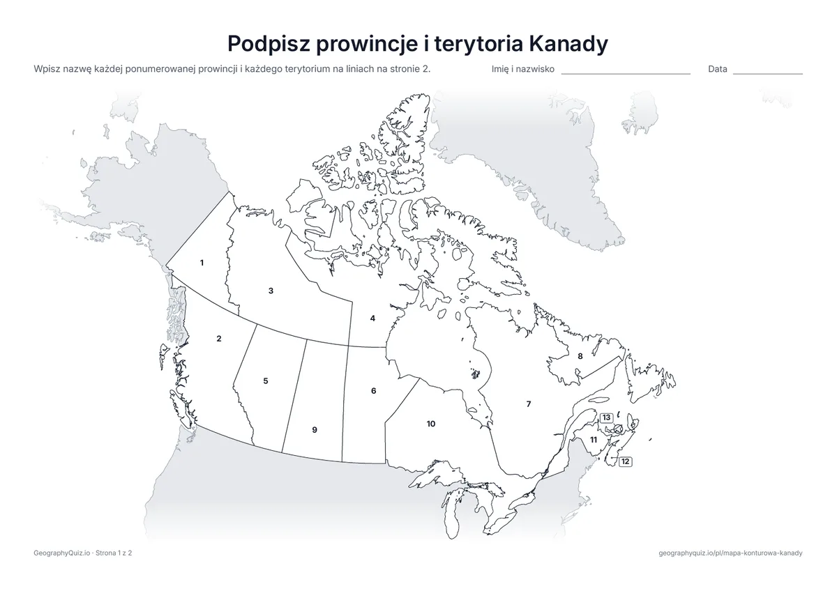 Podgląd karty pracy do druku „Podpisz prowincje i terytoria Kanady”: Mapa z numerami wszystkich 10 prowincji i 3 terytoriów
