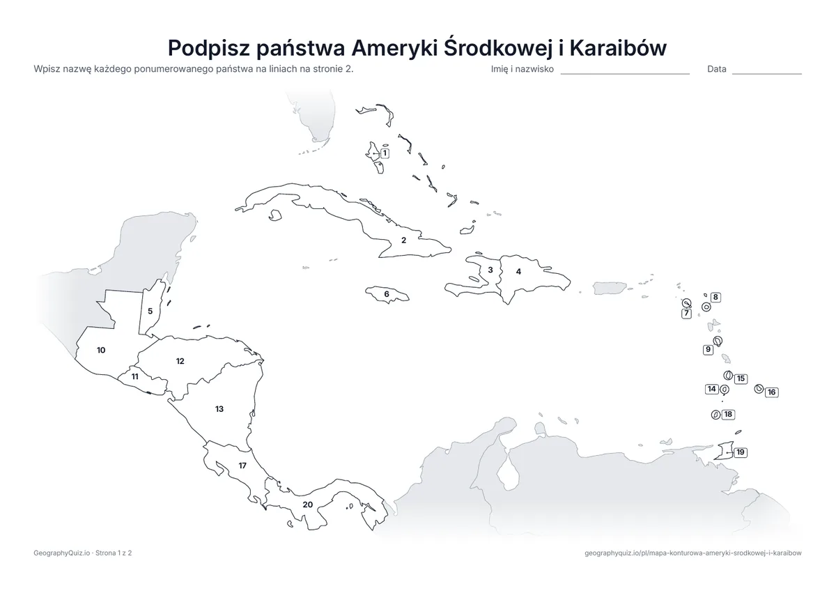 Podgląd karty pracy do druku „Podpisz państwa Ameryki Środkowej i Karaibów”: Mapa z numerami wszystkich 20 państw