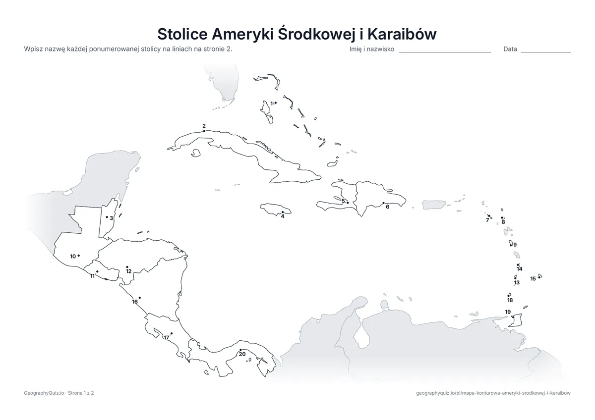 Podgląd karty pracy do druku „Stolice Ameryki Środkowej i Karaibów”: Każda stolica jest oznaczona ponumerowaną kropką