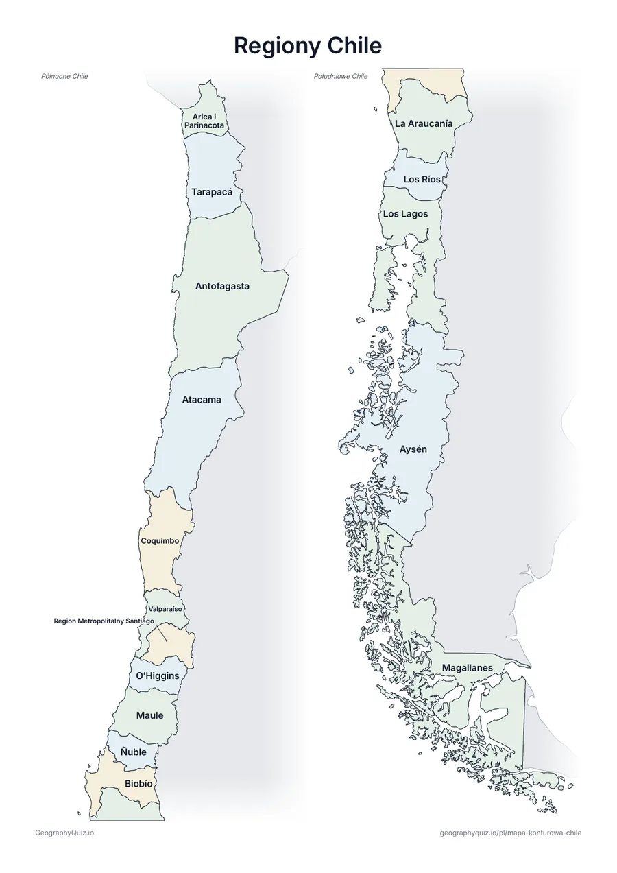 Podgląd karty pracy do druku „Regiony Chile”: Mapa Chile ze wszystkimi nazwami – karta poglądowa na lekcję i do sprawdzania odpowiedzi
