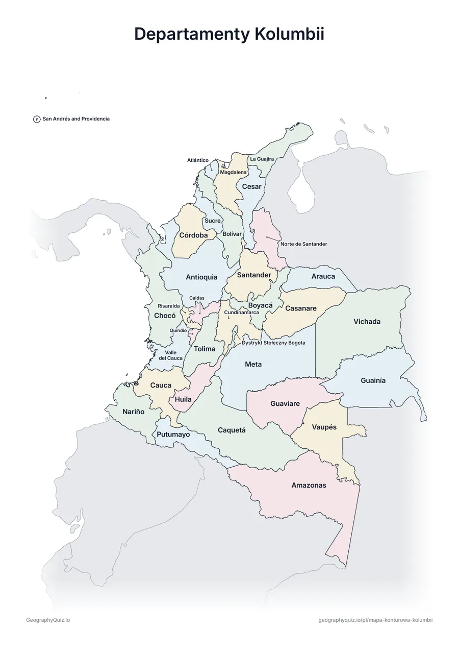 Podgląd karty pracy do druku „Departamenty Kolumbii”: Mapa Kolumbii ze wszystkimi nazwami – karta poglądowa na lekcję i do sprawdzania odpowiedzi